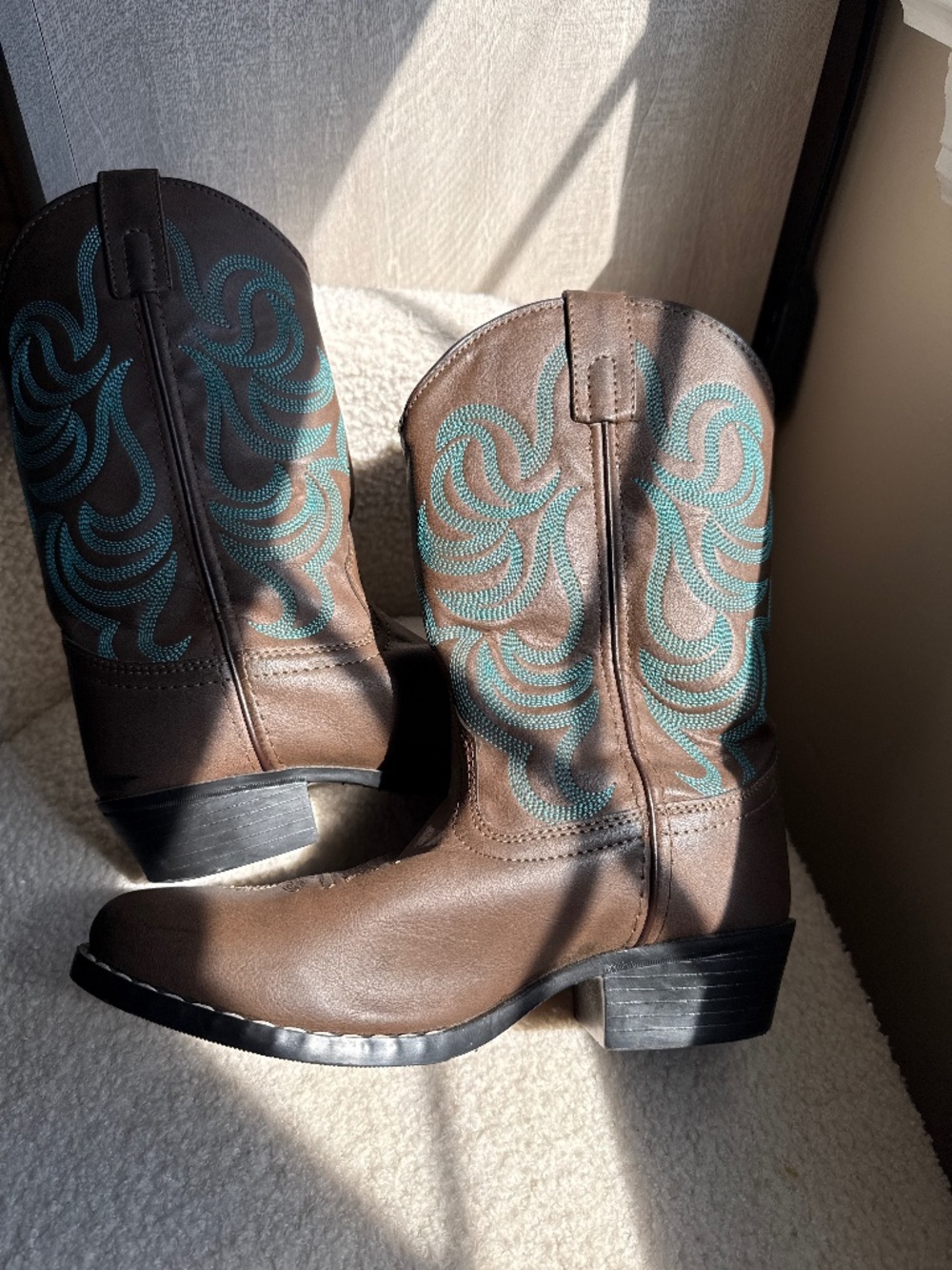 Kids Brown Cowboy Boots with Teal Stitching - Classic Western Style
